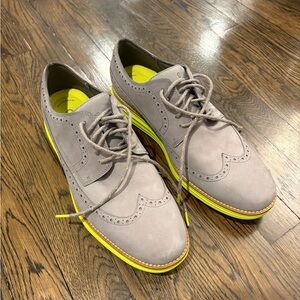 Men's Cole Haan LunarGrand Gray Wingtip Suede Shoes with Yellow Green Sole
